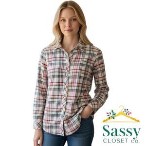 Talbots White Plaid 100% Cotton Button Down Shirt Purple Green Black Sz S EUC